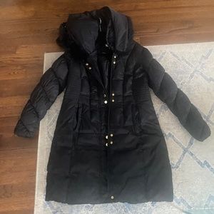 Via Spiga Women's Faux Fur Trimmed Hooded Cinch Waist Mid-Length Puffer Coat